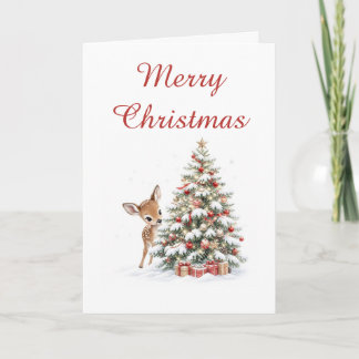 Rehkitz und Weihnachtsbaum im Schnee Feiertagskarte