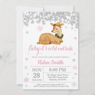 Rehkitz Winter Rosa Mädchen Baby Shower Schneefloc Einladung