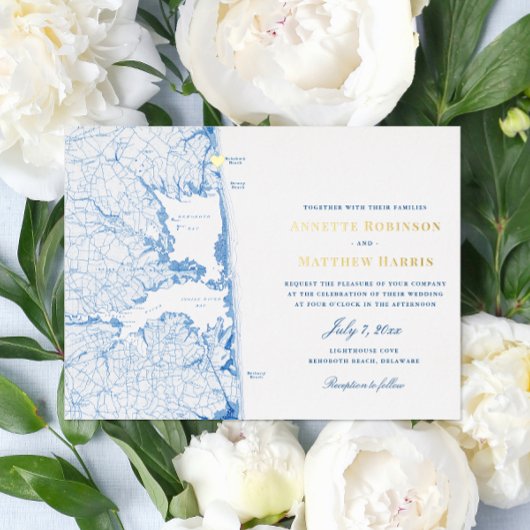 RehoBeide Beach Delaware Hochzeitsnacht und Gold Folieneinladung