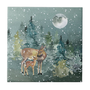 Rehwild Wasserfarbe Vollmond Schneefall Wald Fliese