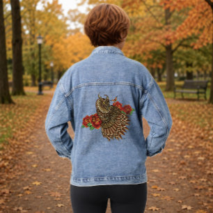 Reich verzierte braune dekorative Eule rote Rosen Jeansjacke