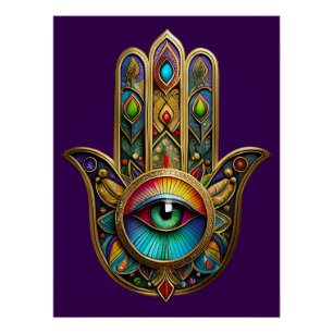 Reich verzierte goldene farbenfrohe Hamsa Grün auf Poster