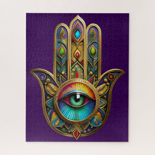 Reich verzierte goldene farbenfrohe Hamsa Grün auf Puzzle