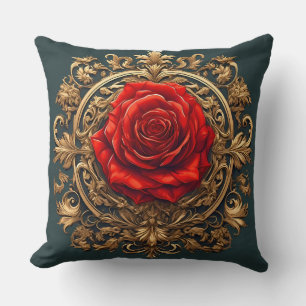 Reich verzierte rote Rose mit goldenem Barockrahme Kissen