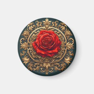 Reich verzierte rote Rose mit goldenem Barockrahme Magnet