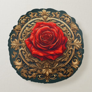 Reich verzierte rote Rose mit goldenem Barockrahme Rundes Kissen