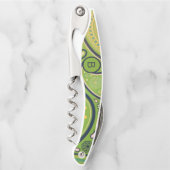 Reich verziertes grünes Paisley-Muster-Monogramm Kellnermesser (Vorderseite)