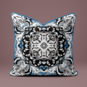Reich verziertes Mandala-Dekokissen in Delft-Blau Kissen