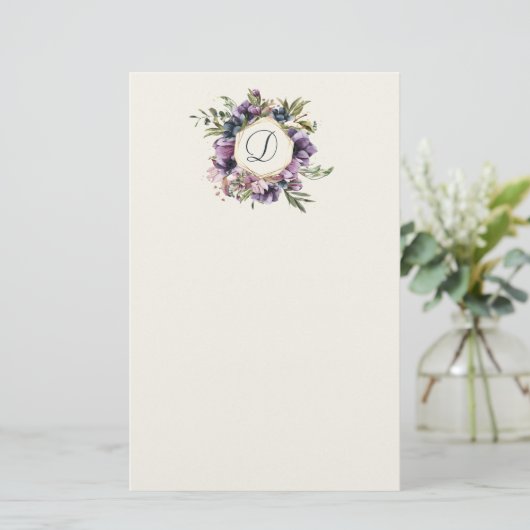 Reiche Lila, florale Gerahmte Monogramm-Stationier Briefpapier (Stehend Vorderseite)