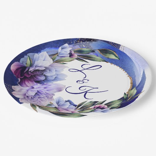 Reiche Lila und blaue Peony Extravagant Pappteller (Schrägansicht)