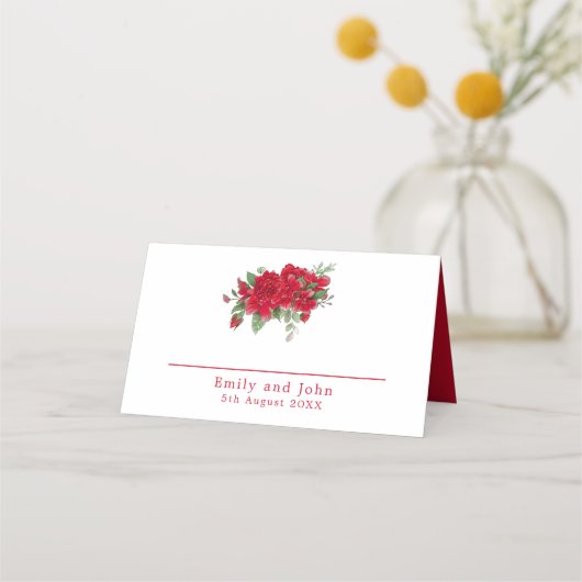 Reiche Rote Rosen Blumennamen Datum Hochzeit Platzkarte (Vorderseite)