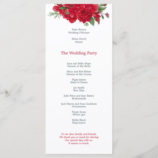 Reiche Rote Rosen Stilvolle SkriptWedding Programm (Rückseite)