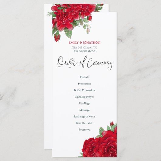 Reiche Rote Rosen Stilvolle SkriptWedding Programm (Vorne/Hinten)