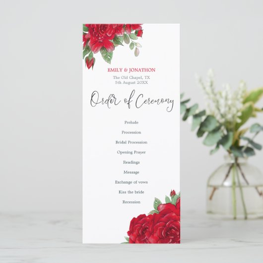Reiche Rote Rosen Stilvolle SkriptWedding Programm (Stehend Vorderseite)