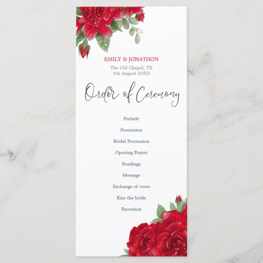 Reiche Rote Rosen Stilvolle SkriptWedding Programm (Vorderseite)