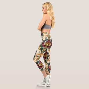 Reicher viktorianischer floraler Damast in Türkis Capri Leggings