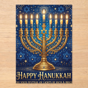 Reiches Blau und Gold Juwelenverziertes Chanukka Acryleinladungen
