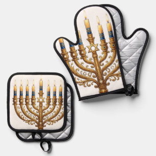 Reiches Blau und Gold - Verzierte Chanukka Ofenhandschuh & Topflappen-Set