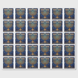Reiches Blau und Gold verziertes Chanukka Geschenkpapier