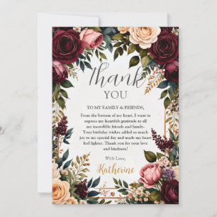Reiches Burgund und Rosé Vintage Floral Geburtstag Dankeskarte