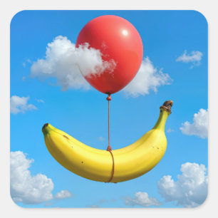 Reife Banane schwebt am Himmel mit rotem Ballon Quadratischer Aufkleber