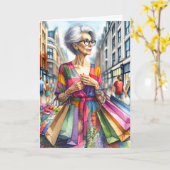 Reife Frau mit Einkaufstaschen Geburtstag Karte (Gelbe Blume)