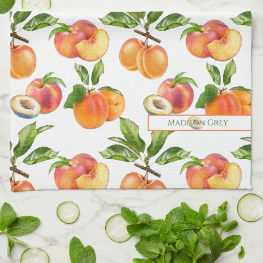 Reife Pfirsiche, Aprikosen und Pflaumen Fruchtmust Geschirrtuch (Gefaltet)