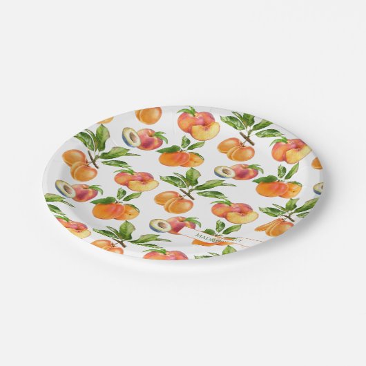 Reife Pfirsiche, Aprikosen und Pflaumen Fruchtmust Pappteller (Schrägansicht)