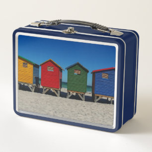 Reihe von farbenfrohen Strandhütten Metall Brotdose