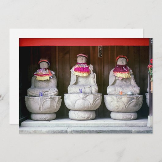 Reihe von Jizo-Mönchsstatuen mit Lack und Hut - Ja Einladung (Vorne/Hinten)
