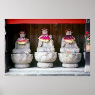 Reihe von Jizo-Mönchsstatuen mit Lack und Hut - Ja Poster