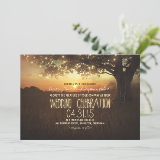 Reihe von Lichtern Sonnenuntergang Baum Einladung (Stehend Vorderseite)