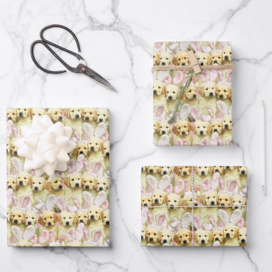Reihe von Welpen-Häschen Geschenkpapier Set (Vorderseite)