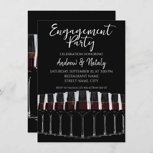 Reihe Weingläser mit Rotwein auf schwarz Einladung (Vorne/Hinten)