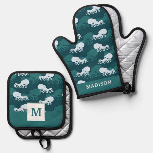 Reihen des Octopusmusters Ofenhandschuh & Topflappen-Set (Vorderseite/Rückseite)