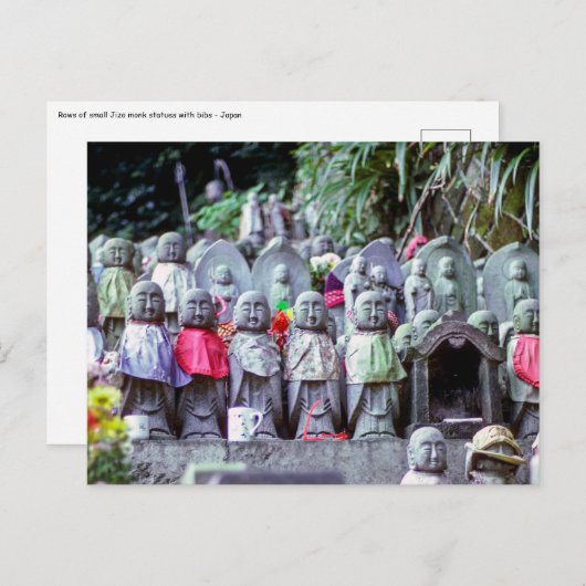 Reihen kleiner Jizo-Mönchsstatuen mit Bikes - Japa Postkarte (Vorne/Hinten)