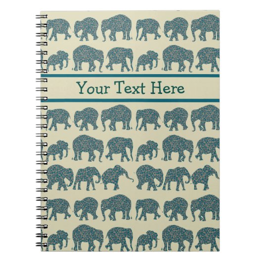 Reihen von Paisley Elephants auf Beige Spiral Note Notizblock (Vorderseite)