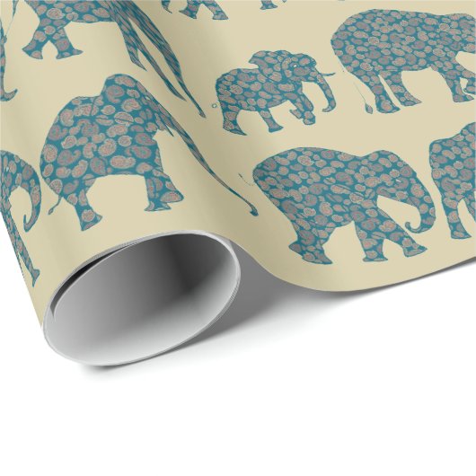 Reihen von Paisley Elephants auf Beige Wrapping Pa Geschenkpapier (Rolleneckpunkt)