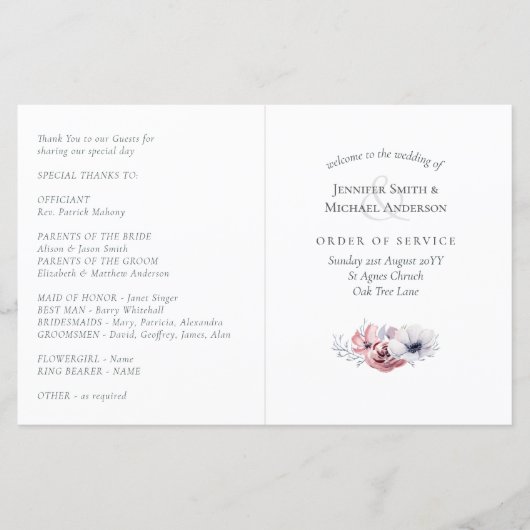 Reihenfolge der Hochzeitprogramme (Vorderseite)
