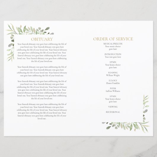 Reihenfolge des Beerdigungsprogramms für das Leben (Rückseite)