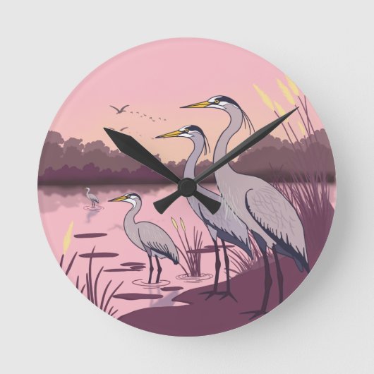Reiher am See Runde Wanduhr (Vorderseite)