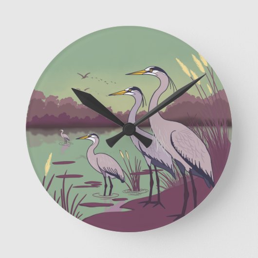 Reiher am See Runde Wanduhr (Vorderseite)
