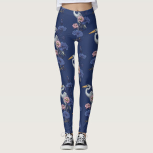 Reiher im rosa Lotosgarten auf delphinblau Leggings