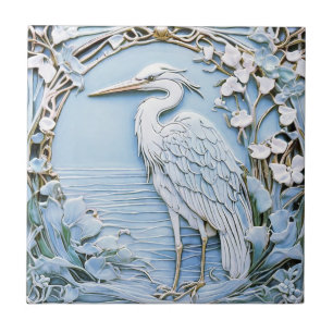 Reiher-Seevogel Art Nouveau Faux-Relief links Blau Fliese