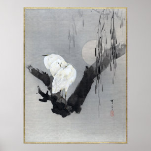 Reiher Watanabes Seitei in einem Baum nachts Poster