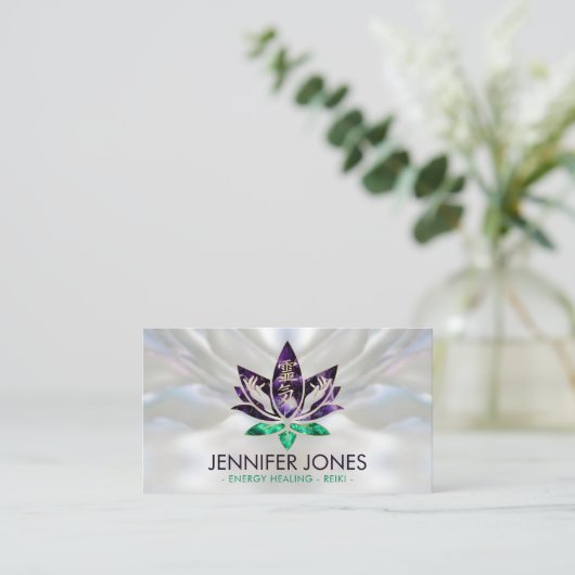 Reiki Healing Hands and Lotus - Amethyst & Jade Visitenkarte (Stehend Vorderseite)