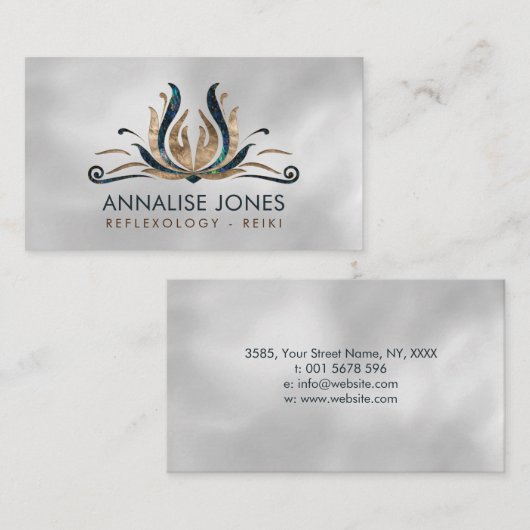 Reiki Healing Hands in Lotus Abalone und Gold Visitenkarte (Vorne/Hinten)
