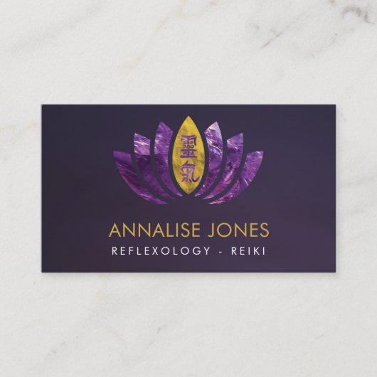 Reiki heilende Symbol-Amethyst Gold auf Lotus Visitenkarte (Vorderseite)