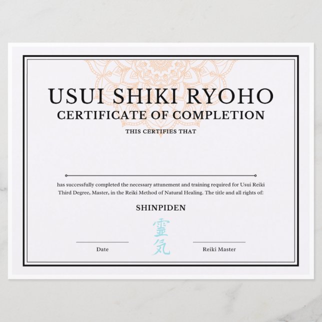 Reiki Master Certificate of Completion (SHINPIDEN) (Vorderseite)