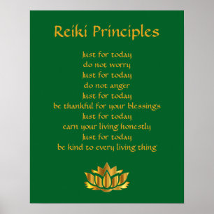 Reiki Principles Green und Gold Lotus Poster